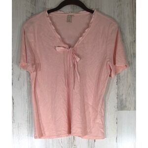 Focus Linen Top Small Pink Tie Front Scalloped V-Neck Girly Feminine Beachy USA